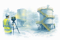 Engineer using LiDAR scanner to capture as-built tank steelwork, transitioning to compliant AS 3990 walkways and access platforms