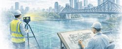 Engineer completing structural drafting while a LiDAR scanner captures as-built data along the Brisbane River with the Story Bridge in view