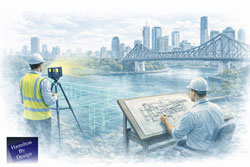 Engineer completing structural drafting while a LiDAR scanner captures as-built data along the Brisbane River with the Story Bridge in view