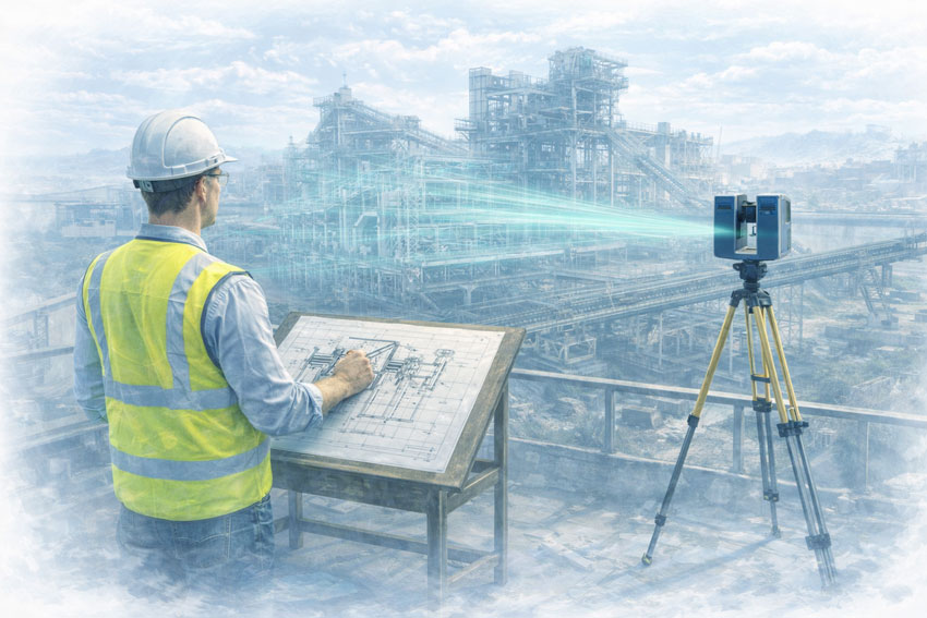 Mechanical engineer capturing a mining plant with LiDAR scanning, showing point cloud data integrated into engineering design workflows.
