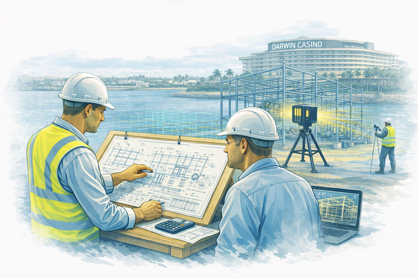 Engineer-led mechanical design review during LiDAR scanning at a Darwin industrial site