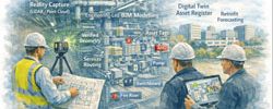 Digital twin created from LiDAR scanning showing asset tags and maintenance planning in industrial facility