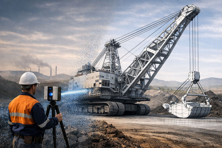 Engineer performing engineering-grade laser scanning of a dragline excavator at a Hunter Valley mine for SolidWorks and Autodesk Inventor design