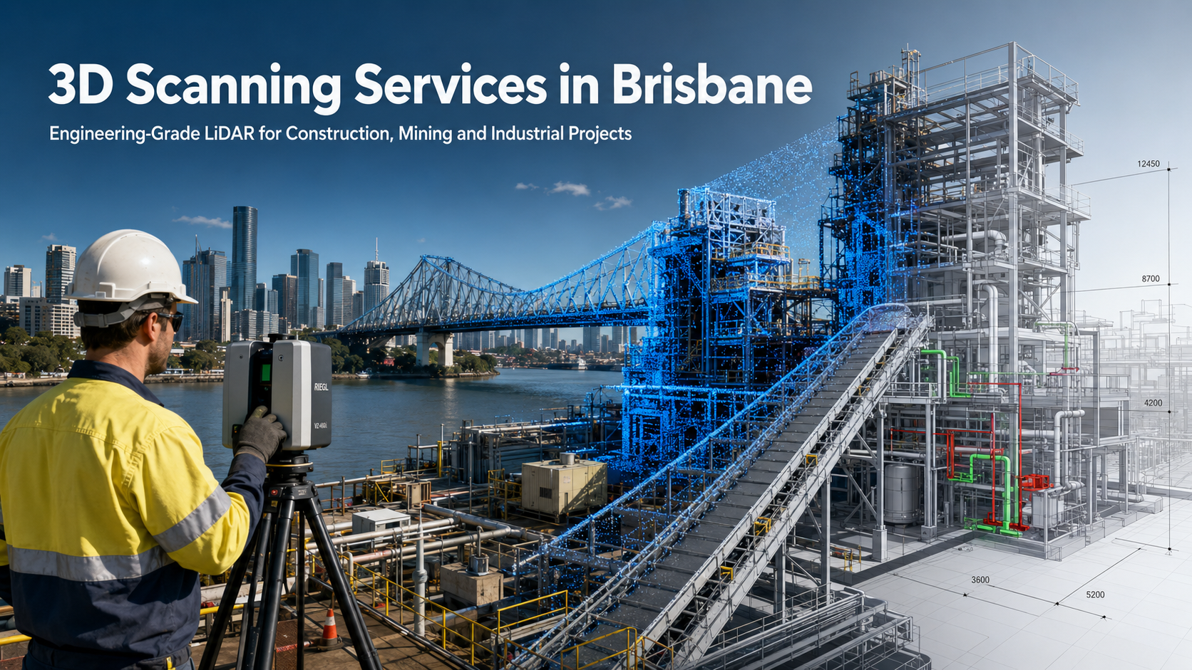 3D LiDAR scanning of an industrial facility in Brisbane with the Story Bridge, point cloud data and CAD modelling.