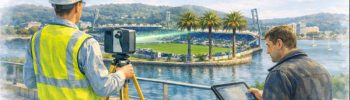 Engineer and client conducting site scanning near Central Coast Stadium in Gosford