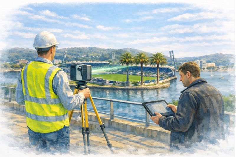 Engineer and client conducting site scanning near Central Coast Stadium in Gosford