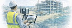 Engineer performing 3D reality capture on a construction site using a LiDAR scanner and tablet displaying a digital building model.