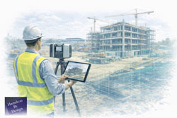 Engineer performing 3D reality capture on a construction site using a LiDAR scanner and tablet displaying a digital building model.