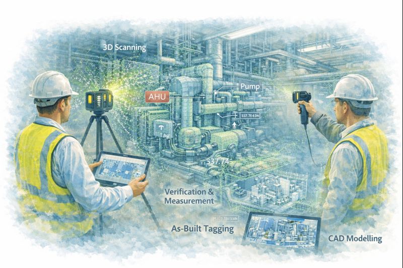 Engineers using LiDAR scanners to capture plant equipment and convert point cloud data into CAD models for verification and as-built documentation.