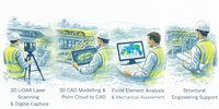 Engineering services workflow showing 3D LiDAR laser scanning, point cloud to CAD modelling, finite element analysis and structural engineering support in an industrial plant