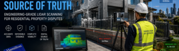 Engineer operating a FARO LiDAR scanner outside a modern Australian home while capturing point cloud data for residential property dispute analysis.
