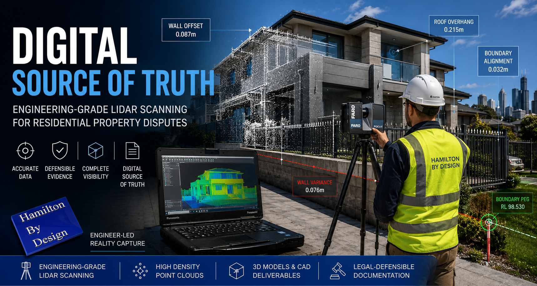 Engineer operating a FARO LiDAR scanner outside a modern Australian home while capturing point cloud data for residential property dispute analysis.