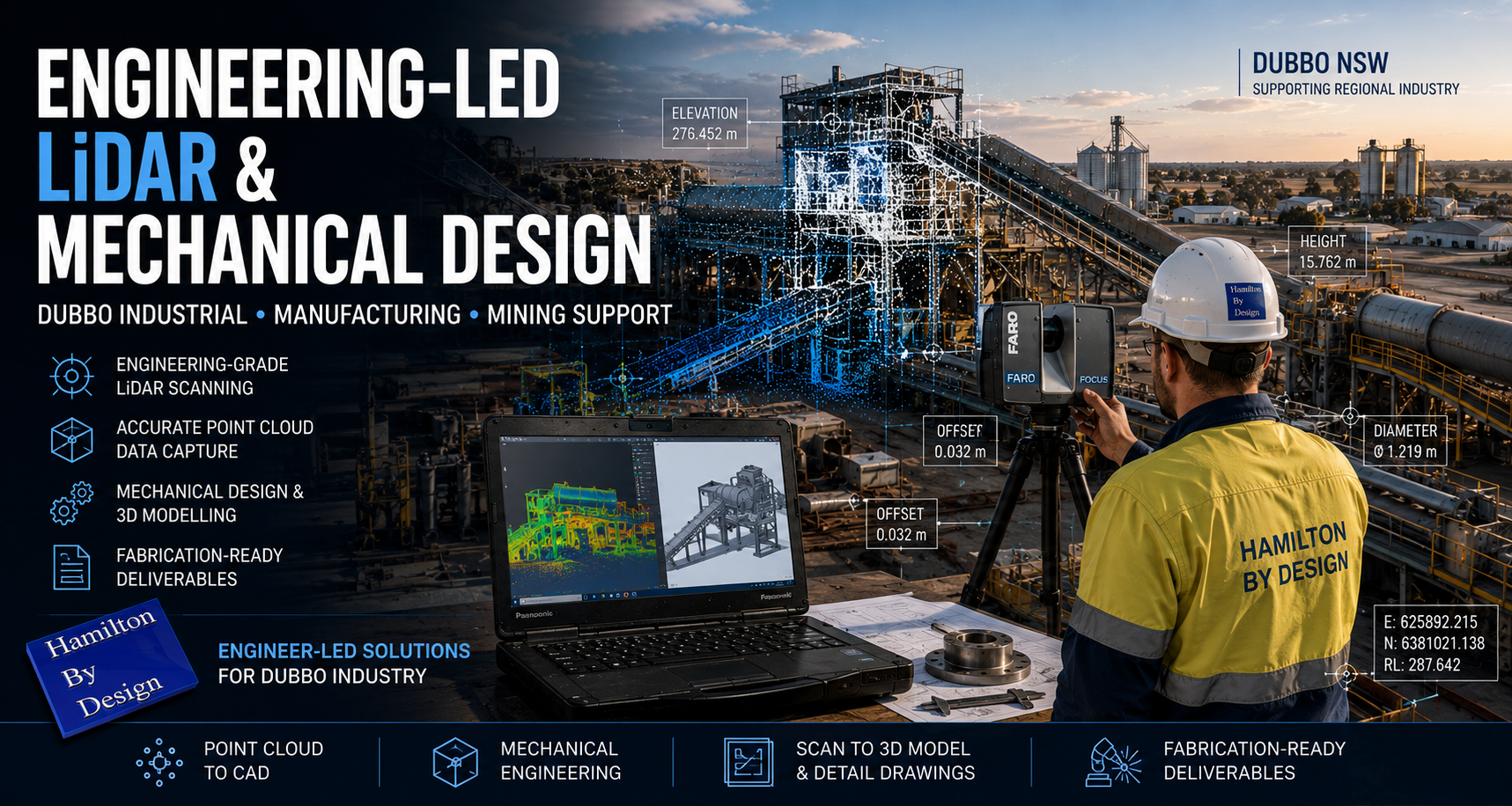 Engineer operating a terrestrial LiDAR scanner at an industrial facility in Dubbo while capturing point cloud data for mechanical engineering and plant design.