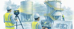 Terrestrial, mobile SLAM and drone LiDAR scanners capturing an industrial plant with engineers reviewing point cloud data and drawings