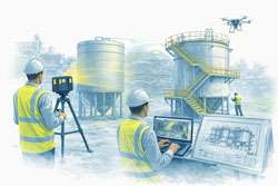 Terrestrial, mobile SLAM and drone LiDAR scanners capturing an industrial plant with engineers reviewing point cloud data and drawings