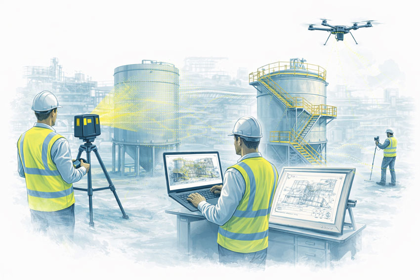 Illustration comparing terrestrial LiDAR, mobile SLAM LiDAR and drone scanning on an industrial facility