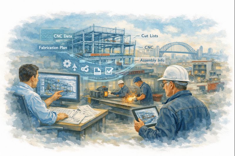 Fabrication Integrated Modelling in a Sydney workshop showing engineers and fabricators using a shared 3D model to drive CNC fabrication and steel assembly.