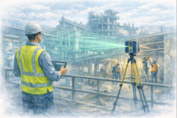 Engineer performing LiDAR scanning on live construction site with BIM model overlay for clash-free installation
