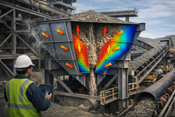 Cutaway view of an industrial mining hopper showing bulk material flow with AS 3774 load paths and FEA stress distribution on hopper walls.