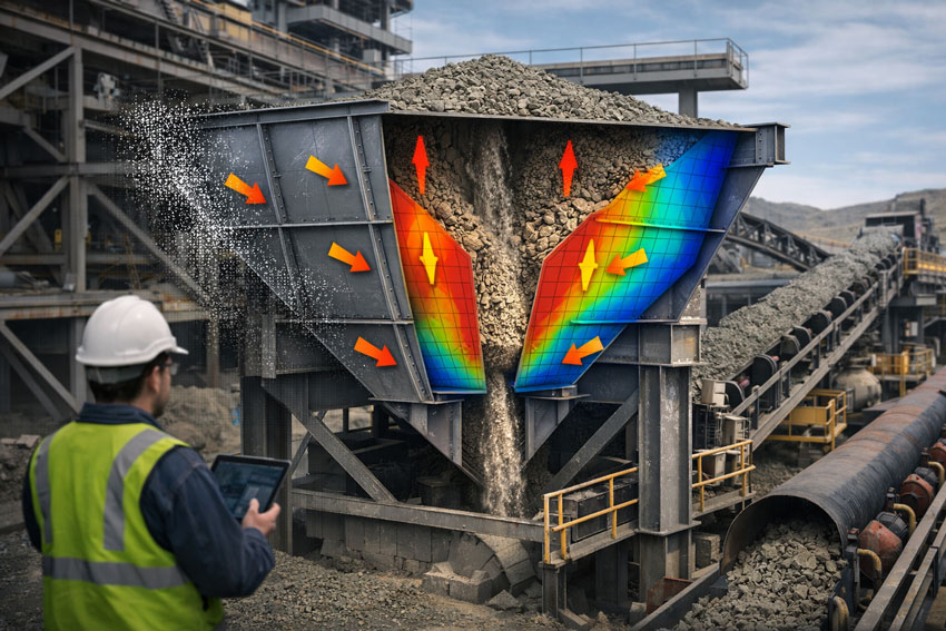 Mining hopper in a transfer station shown in cutaway, illustrating steady-state material flow, structural load distribution, and engineered hopper design.