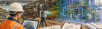 Colour pencil illustration of Brisbane mechanical engineering services showing an engineer, LiDAR scanner, industrial plant, CAD model overlay, fabrication drawings and Brisbane skyline.