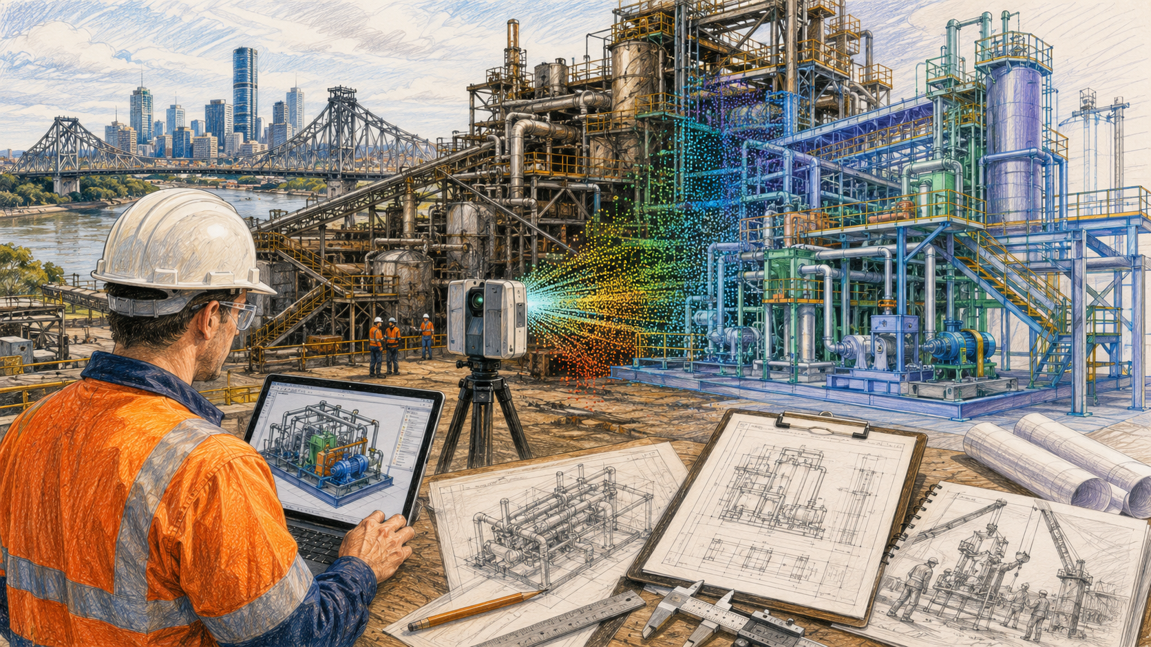 Colour pencil illustration of Brisbane mechanical engineering services showing an engineer, LiDAR scanner, industrial plant, CAD model overlay, fabrication drawings and Brisbane skyline.