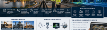 Aspirational Hamilton By Design infographic showing FARO 3D laser scanning in Perth, with engineers, an industrial facility, Perth skyline, point-cloud data and scan-to-CAD deliverables.