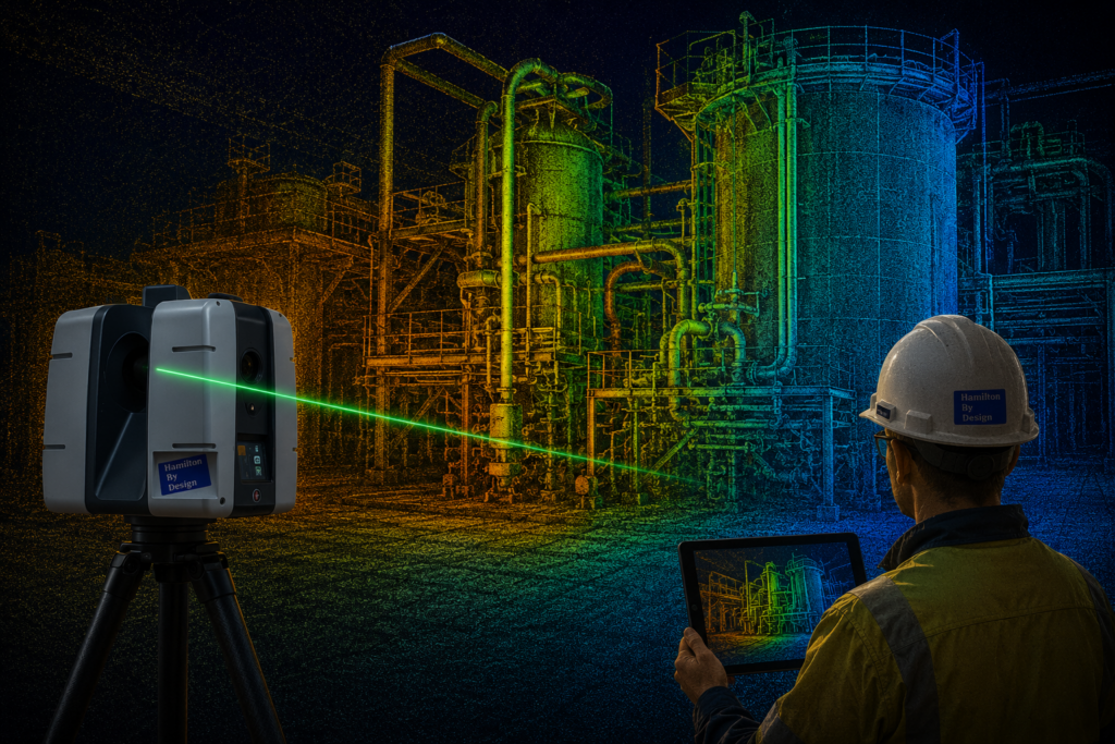 Industrial LiDAR scanning of a processing plant with colourful point cloud visualisation and engineer reviewing 3D scan data on site