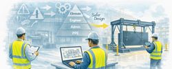 Engineers reviewing industrial design improvements in a mining fabrication workshop using engineering controls to reduce safety risks