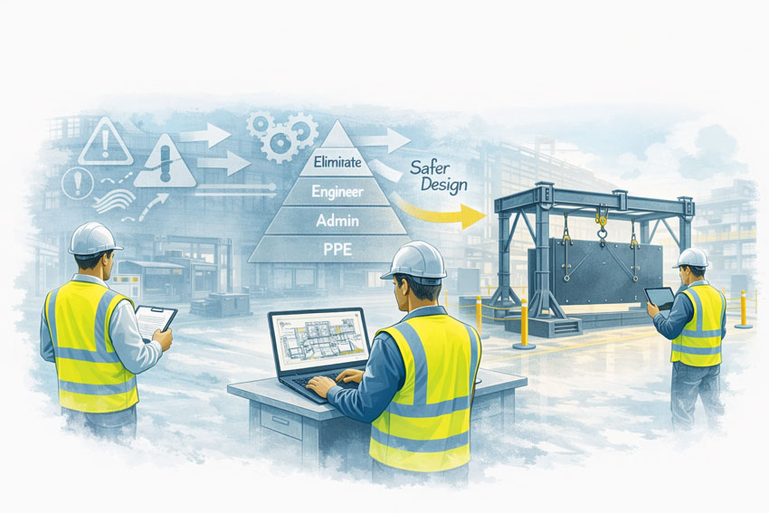 Mining engineers applying design-for-safety principles to improve material handling systems in an industrial workshop