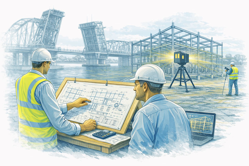 Engineer-led mechanical design review during LiDAR scanning at a Port Adelaide industrial site