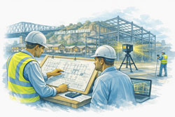 Engineer and client reviewing mechanical drawings while LiDAR scanning a Brisbane site at Howard Smith Wharves