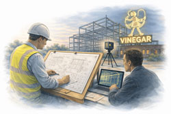 Mechanical engineer and client reviewing drawings while LiDAR scanning a Melbourne site with the Skipping Girl Vinegar sign in the background