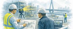 Mechanical engineer discussing fabrication-ready drawings during LiDAR scanning of a Sydney construction site