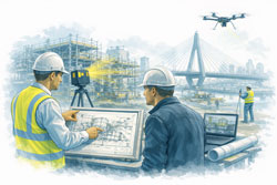 Mechanical engineer discussing fabrication-ready drawings during LiDAR scanning of a Sydney construction site