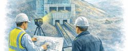 Mechanical engineer and client reviewing a ROM hopper with two discharge conveyors using LiDAR scanning at a mining bulk material handling facility