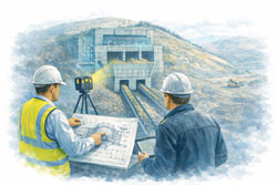 Mechanical engineer and client reviewing a ROM hopper with two discharge conveyors using LiDAR scanning at a mining bulk material handling facility