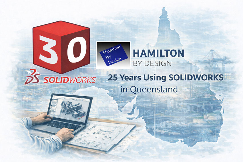 SolidWorks 30 years cube with Hamilton By Design highlighting 25 years of SolidWorks use in Queensland industry