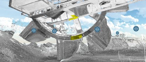 Screenshot-2025-05-14-162559---Copy Engineering-grade LiDAR point cloud of a bucket wheel reclaimer showing excavation and structural geometry