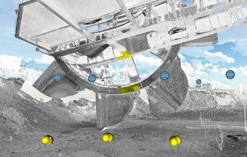 Engineering-grade LiDAR point cloud of a bucket wheel reclaimer showing excavation and structural geometry
