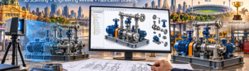 SolidWorks Melbourne illustration showing pump skid scanning, CAD modelling and fabrication, with Melbourne landmarks, the MCG, Melbourne Cup imagery and HBD logo.