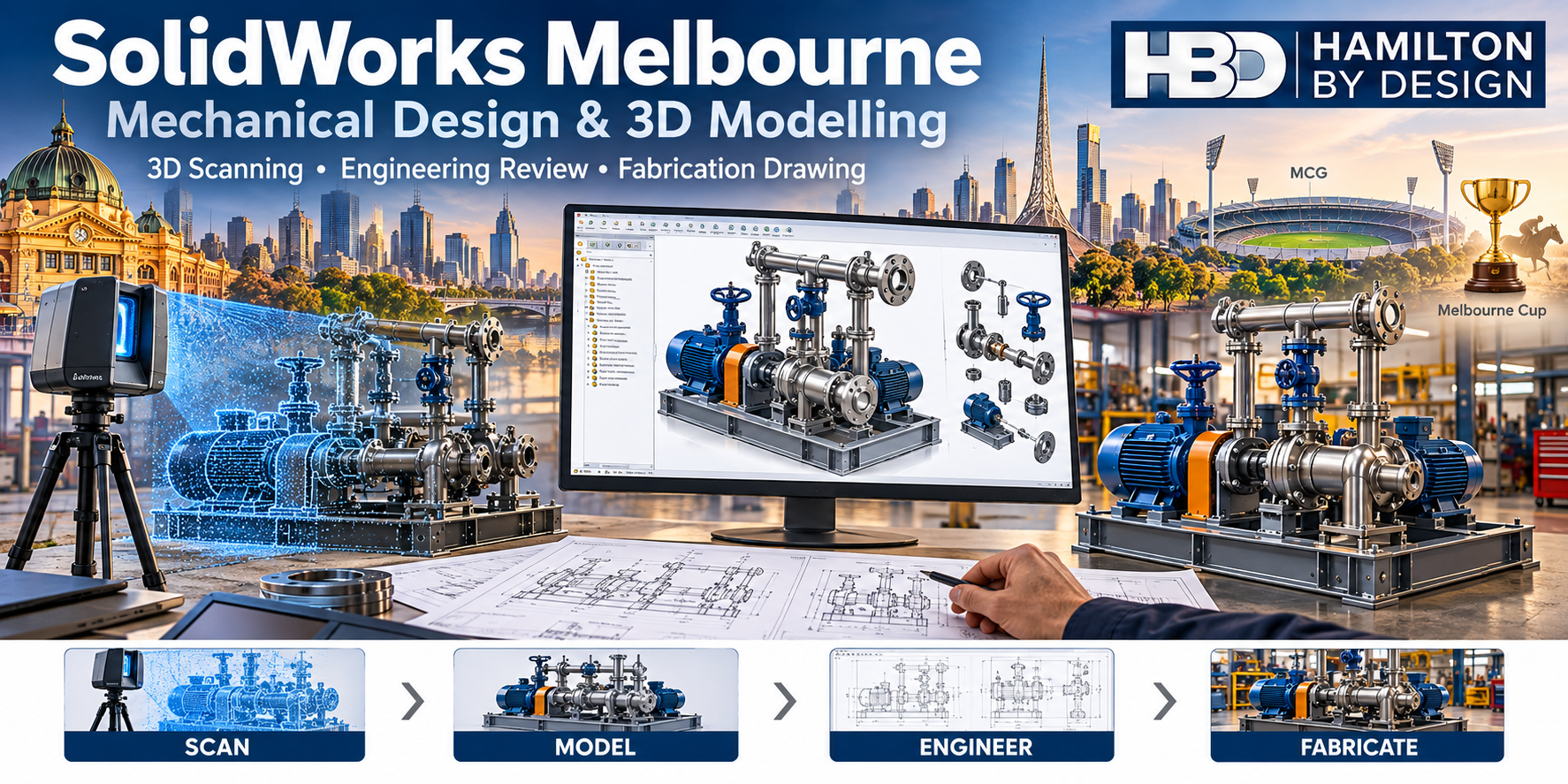 SolidWorks Melbourne illustration showing pump skid scanning, CAD modelling and fabrication, with Melbourne landmarks, the MCG, Melbourne Cup imagery and HBD logo.
