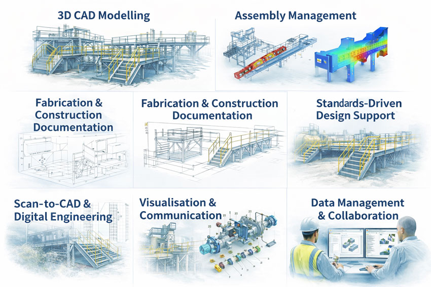 Digital engineering services diagram illustrating LiDAR scan-to-CAD, 3D modelling, assembly management, fabrication documentation, standards-driven design, and data collaboration.