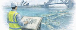 Structural engineer reviewing steel framing drawings while LiDAR scanning captures a Sydney waterfront structure for structural drafting