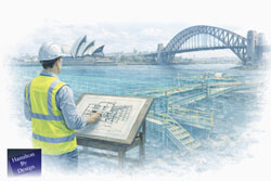 Structural engineer reviewing steel framing drawings while LiDAR scanning captures a Sydney waterfront structure for structural drafting