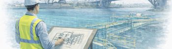 An engineer reviews detailed structural steel drawings at a drafting table while an engineering-grade LiDAR scan captures an existing waterfront structure in Sydney, illustrating data-driven structural drafting based on accurate as-built conditions.
