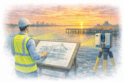 Structural engineer reviewing steel framing drawings while a LiDAR scanner captures as-built data at Stokes Hill Wharf in Darwin
