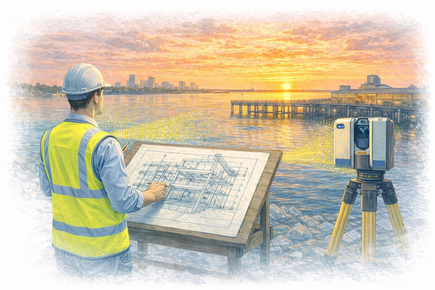 Engineer-led structural drafting with LiDAR scanning overlooking Darwin Harbour at sunset