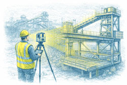 Engineer operating an engineering-grade LiDAR scanner to capture an industrial steel structure for structural drafting and fabrication documentation