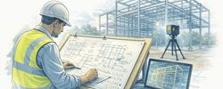 Structural engineer performing calculations on structural drawings while a LiDAR scanner captures a steel frame for structural drafting